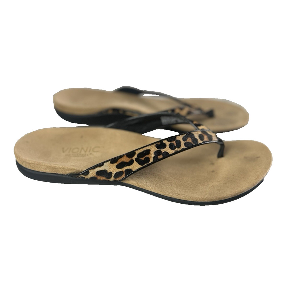Vionic Selena Thong Leather Sandals Flip Flop Animal Print Women's 10 Orthopedic